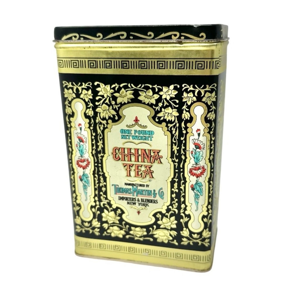 Vintage China Tea Tin Black Gold Storage Decor Thomas Martin & Co New York